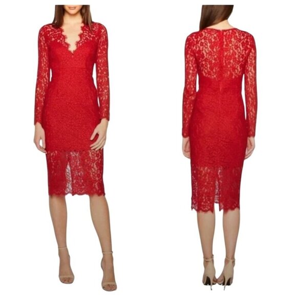 Bardot Midnight Lace Knee Length Dress in Famous Red Long Sleeve Size 8/M - Picture 1 of 12